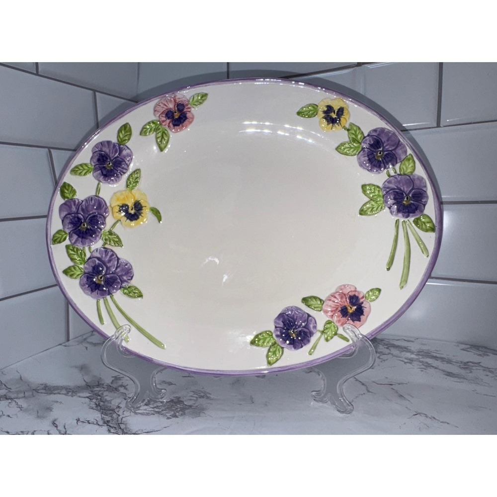Papel Giftware Pretty as a Pansy Oval Platter Angela Reitter Floral Ceramic 12"